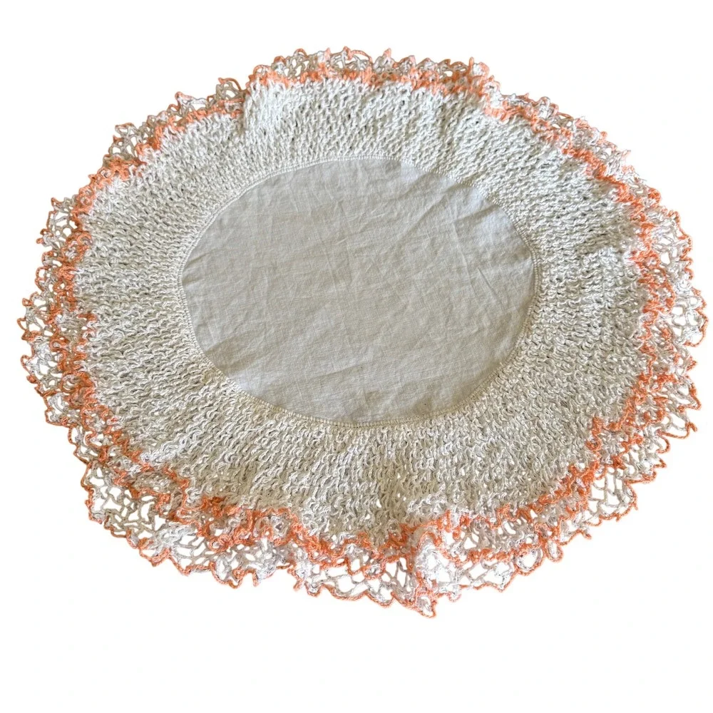 VNTG Cottagecore Shabby Chic Round Doily Peach White Crochet Layered Edge Trim